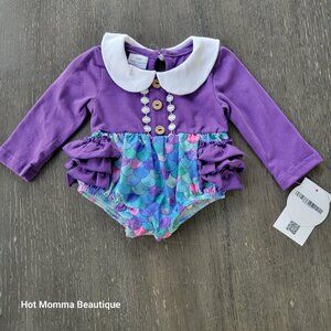 Purple Mermaid Scale Long Sleeve Ruffle Bubble Romper 12M